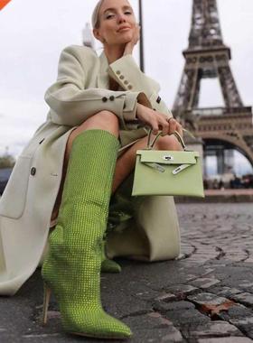 Runwy Stilettos Women Long Boots Shiny Rhinestone Knee-Leng