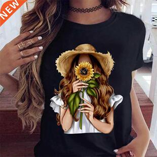 Fashion Women T Shirt Sunflower Girl Printed T Shirt Casual