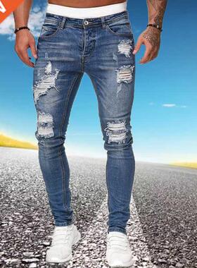Mens Ripped Skinny Jeans Blue Slim Fit Hole Pencil Pants Bik