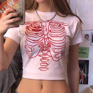 Punk E-girl Tee Gothic skull print T-shirt 90s streetwear su