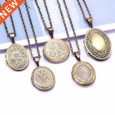Unique Carved Design Copper Oval Photo Frame Pendant Necklac