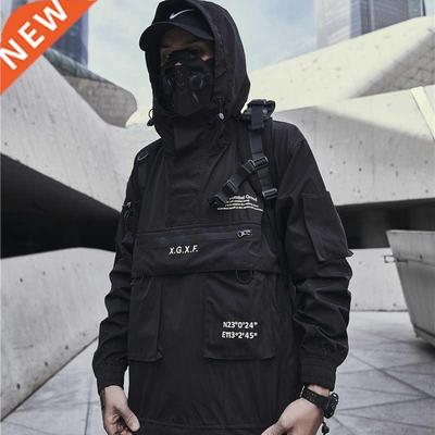 Techwear Jacket for Men Spring Streetwear Black Hooded Water