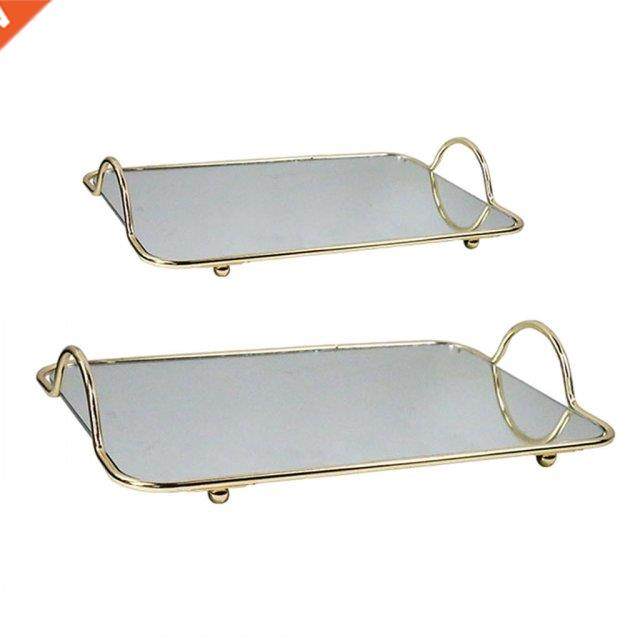Gold Mirror Tray with Handles Fruit Perfume Organizer Rectan