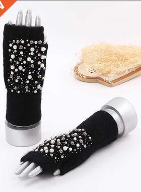 Geebro Women Fingerless Winter Gloves Knit Rabbit Fur Pearl
