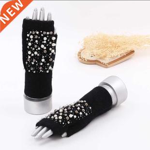 Winter Gloves Knit Geebro Fur Fingerless Rabbit Pearl Women