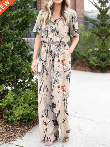 Women Fashion Pattern Print Party Shirt Jumpsuit Summer Casu