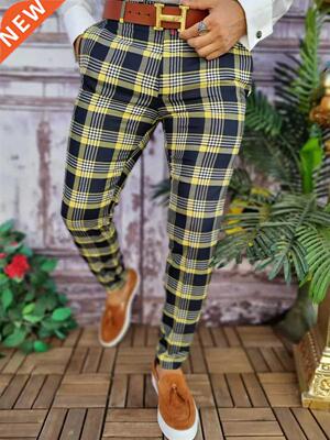 Business Casual Plaid Pants Men Straight Cut Checkered Pants