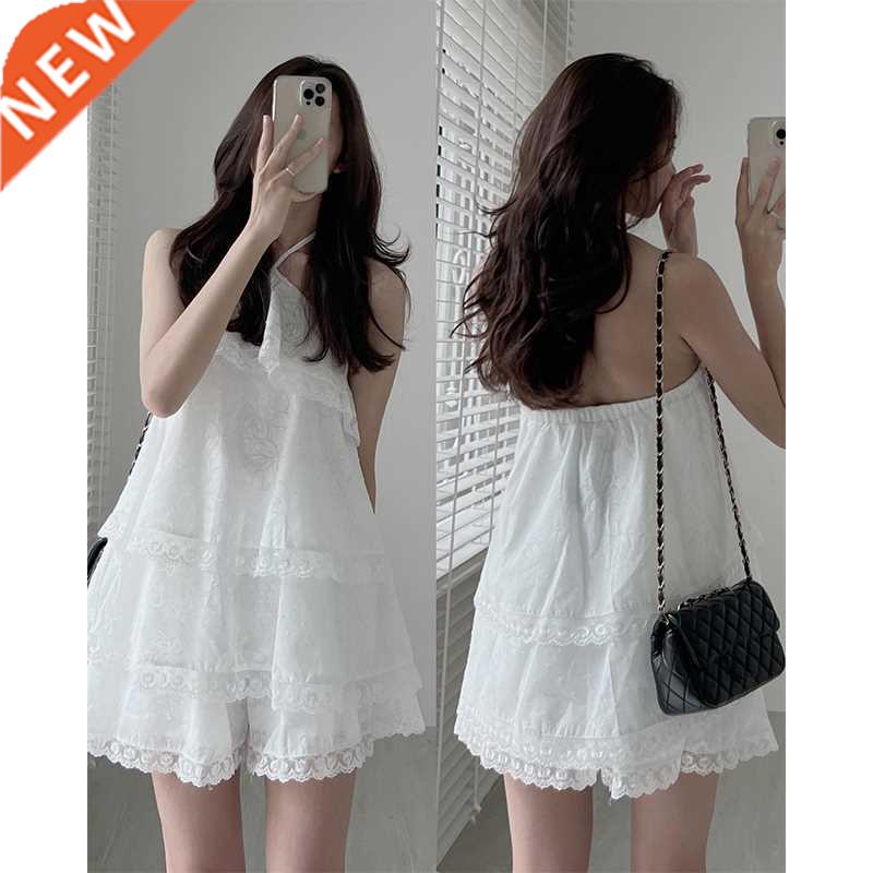 Clothland Women Sweet Ruffled Lace Blouse Halter Sleeveless