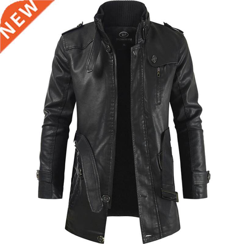 2022 new men's mid-length leather jacket with stand-up c