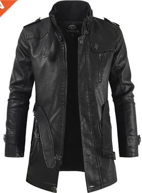 2022 new men's mid-length leather jacket with stand-up c