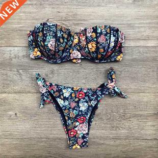 2021 Bandage Women Print swimsuit Floral Breast bikini