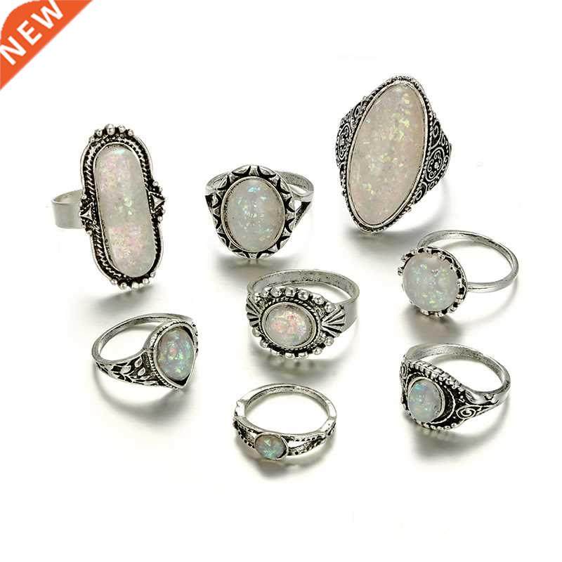Tocona Vintage Antique Silver Color Rings Sets Colorful Opal