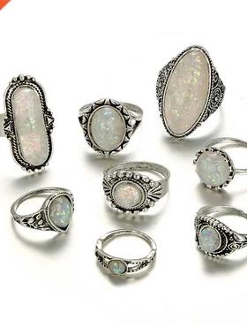 Tocona Vintage Antique Silver Color Rings Sets Colorful Opal
