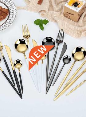 24Pcs 18/10 Stainless Steel Dinnerware Set Black Gold Cutler