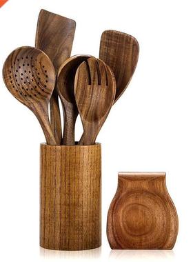 Wooden Tableware with Stand Non-Stick Teak Spoon and Spoon H