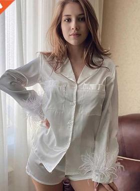 Restve Feathers Pajamas Women 2 Piece Set Long Sleeve Turn D