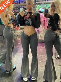 Low Waist Drawstring Puss Ruched Women Y2K Pants Weird Flare