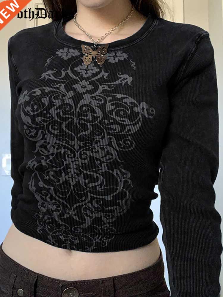 Goth Dark Casual Gothic Vintage Printing Women T-shirts Grun