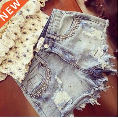 2022 New summer women Diamond Beading denim shorts casual la