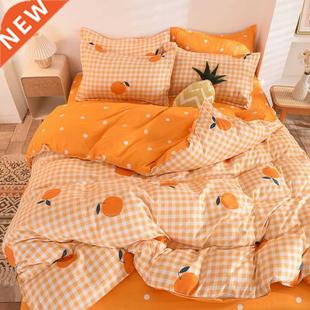 Linen Set Duvet Plaid Sheet Bed Boys Girls Bedding Orange