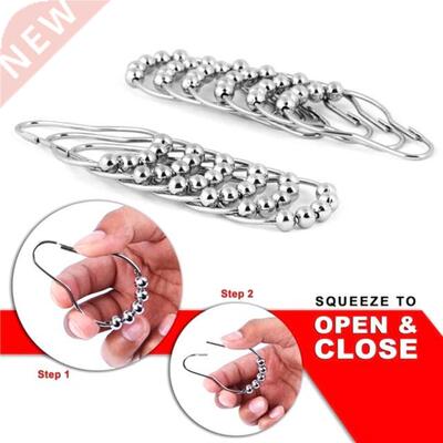 12Pcs Stainless Steel Curtain Hooks Bath Rollerball Shower C