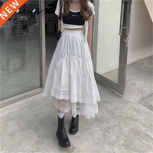 Black Gothic Lace Stitching Irregular Pleated Skirt Women Wh