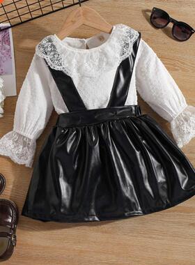 Children's Clothes Suit Girls Lace Bottoming Shirt +Leather