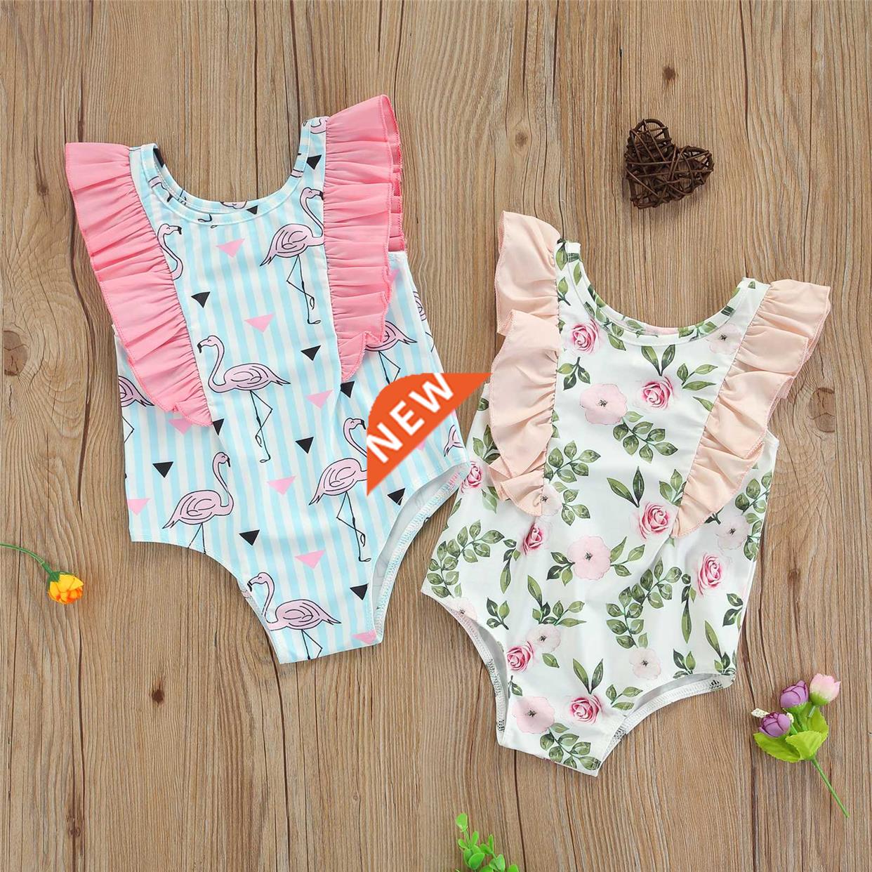 Summer Girls Swimwear Kids Girls Flamingo/ Flower Print O-Ne