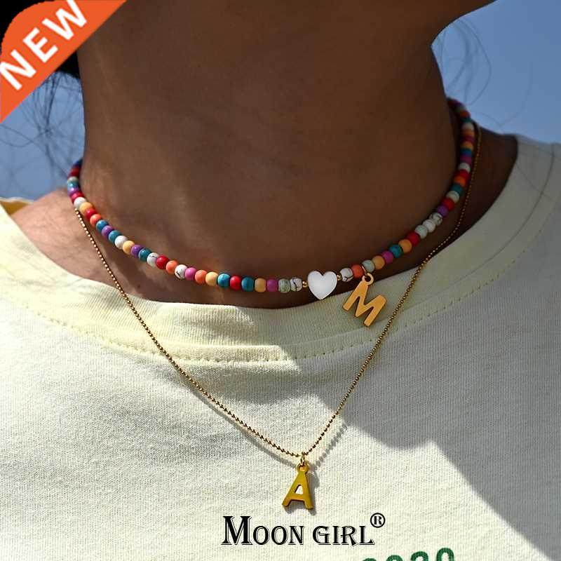 Colorful Beads Initial Choker for Women Stainless Steel Lett