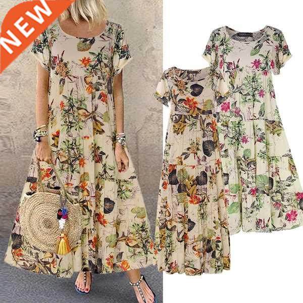 Vintage Floral Long Dress Women Summer Elegant Linen Short S