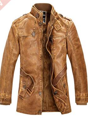 High Quality Leather Jacket Men Slim Warm Washed Leather Mot
