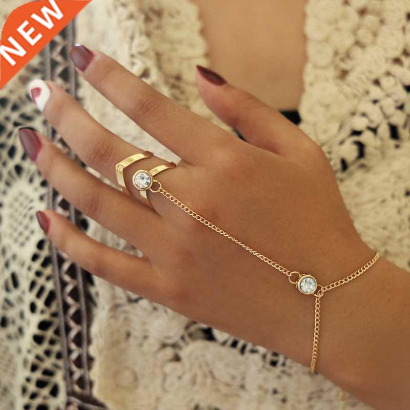Gold Big Crystal Ring Bracelet for Women Wrist Chain Jewelry
