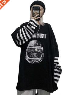 Autumn tshirt Casual Letter Print O-Neck stripe Tees Creativ