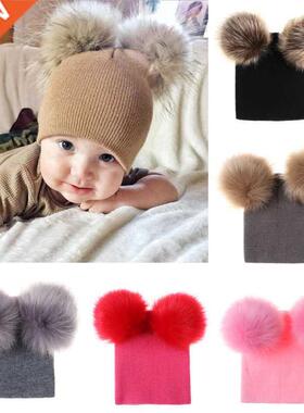 Winter Baby Girls Knit Hat With Two Fur Pompoms Boys Natural