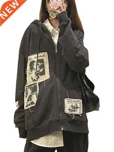 Women's street brown graffiti print zip vintage tops hoodie