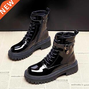 Winter Ankle Boots Women Black Platform Patent Leather Wedge