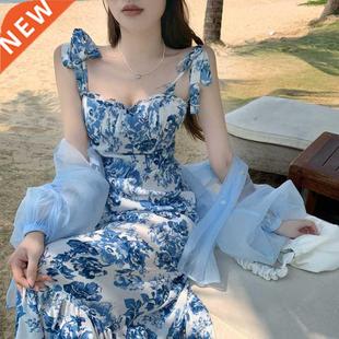 French retro floral square collar long dress new waist slim