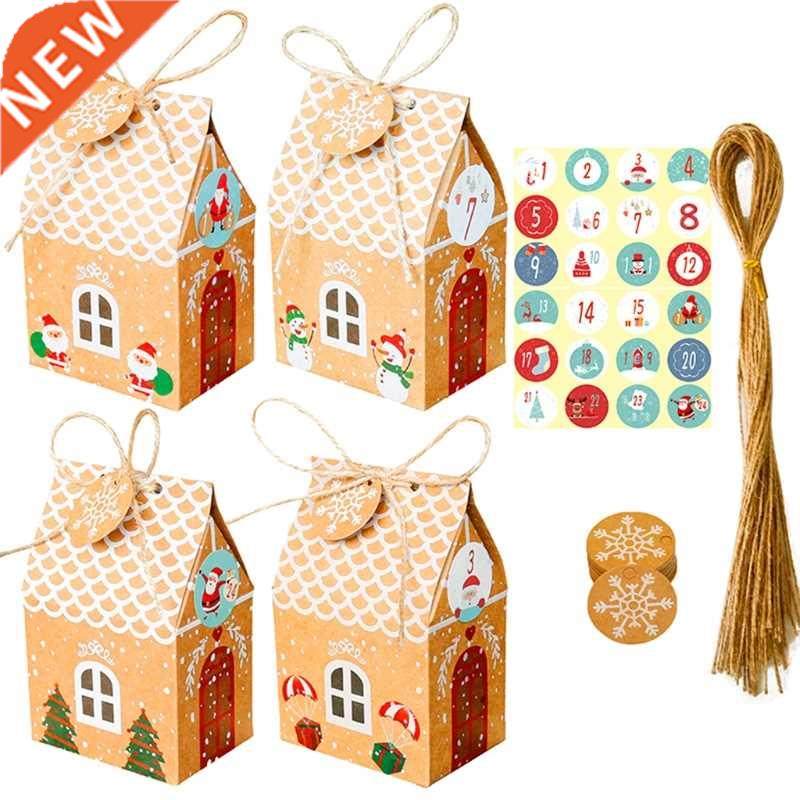 24 Sets Christmas House Gift Box Kraft Paper Cookies Candy B
