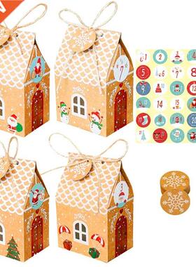 24 Sets Christmas House Gift Box Kraft Paper Cookies Candy B
