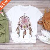 Dream Feather Sleeve Fashio Short Shirt Summer Women Print