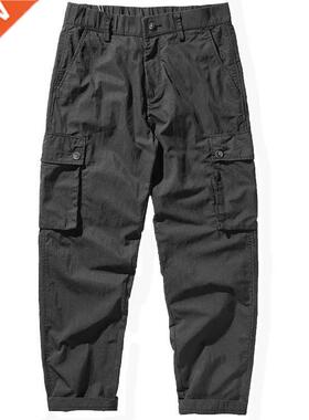 Summer pocket overalls tide black men's casual pants loose e