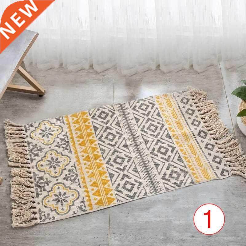 Retro Hand Woven Cotton Linen Carpet Rug Bedside Rug Geometr