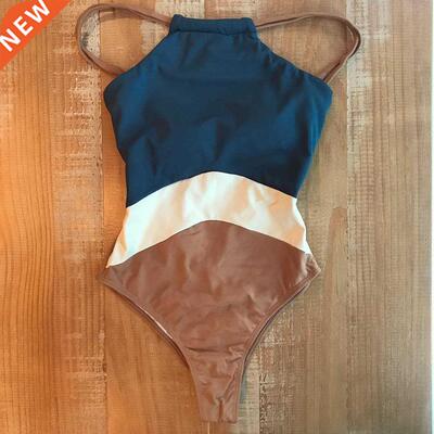 2019 Patchwork One Piece Swimsuit Swimwe High Neck Bodysui