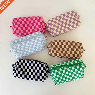 Checkerboard Lattice Makeup Bag Knitted Fabric Women Cosmeti