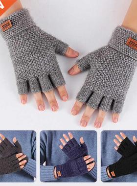 Men's Half Fingerless Gloves Winter Warm Alpaca Wool Fingerl