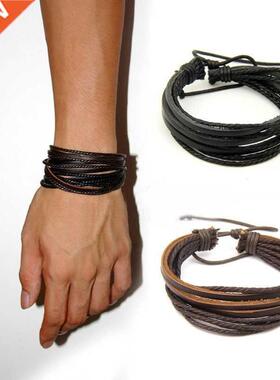 Men's Leather Bracelet Braided Rope Surfer Tribal Wrap Mul
