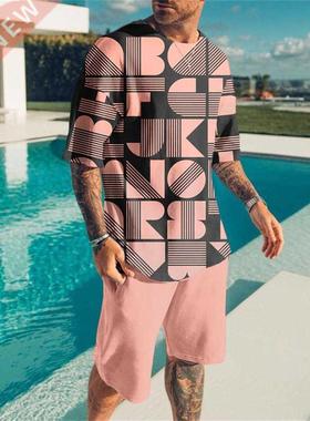 Men's Sports Suit T-shirt + Beach Sportswear Pants Workout C