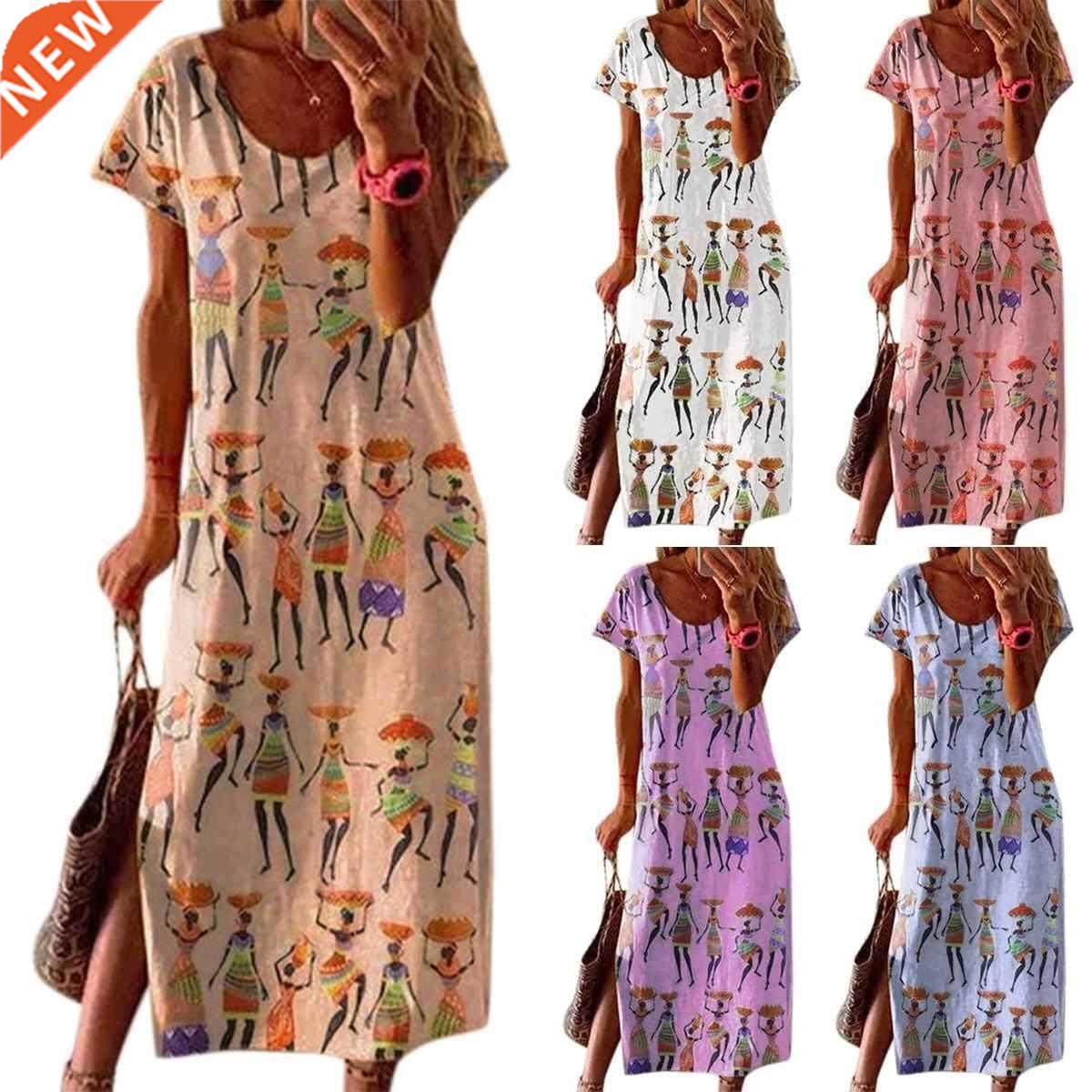 Loose gown national wind digital printing short sleeve dress