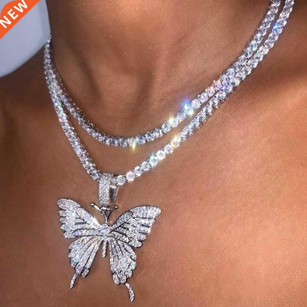 Statement Big Butterfly Pendant Necklace Rhinestone Chain fo