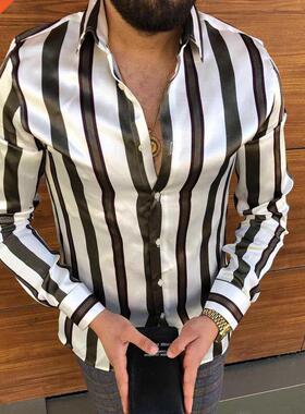 Men's Striped Casual Shirts Sreetwear Slim Fit Black Whi
